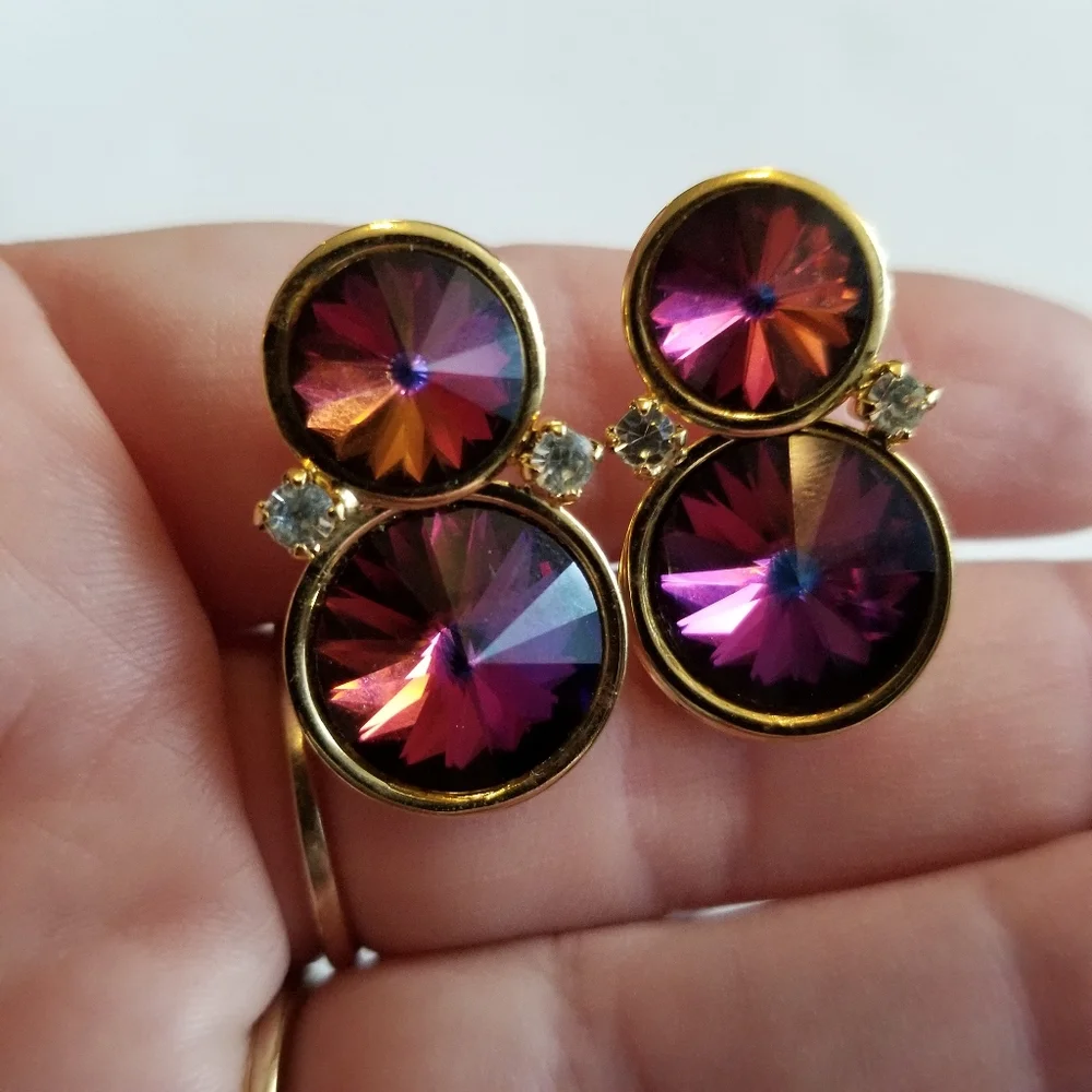 Vintage clip earrings rivoli rhinestones gold tone